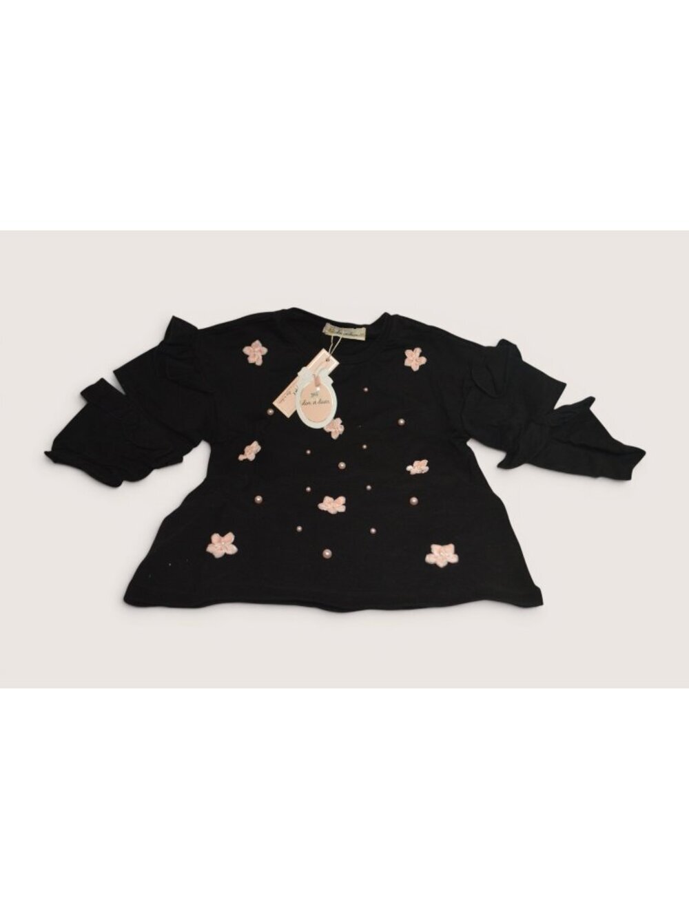 Doe A Dear 3T Black Dress Floral Pearl Embellished Ruffle Sleeve NWT